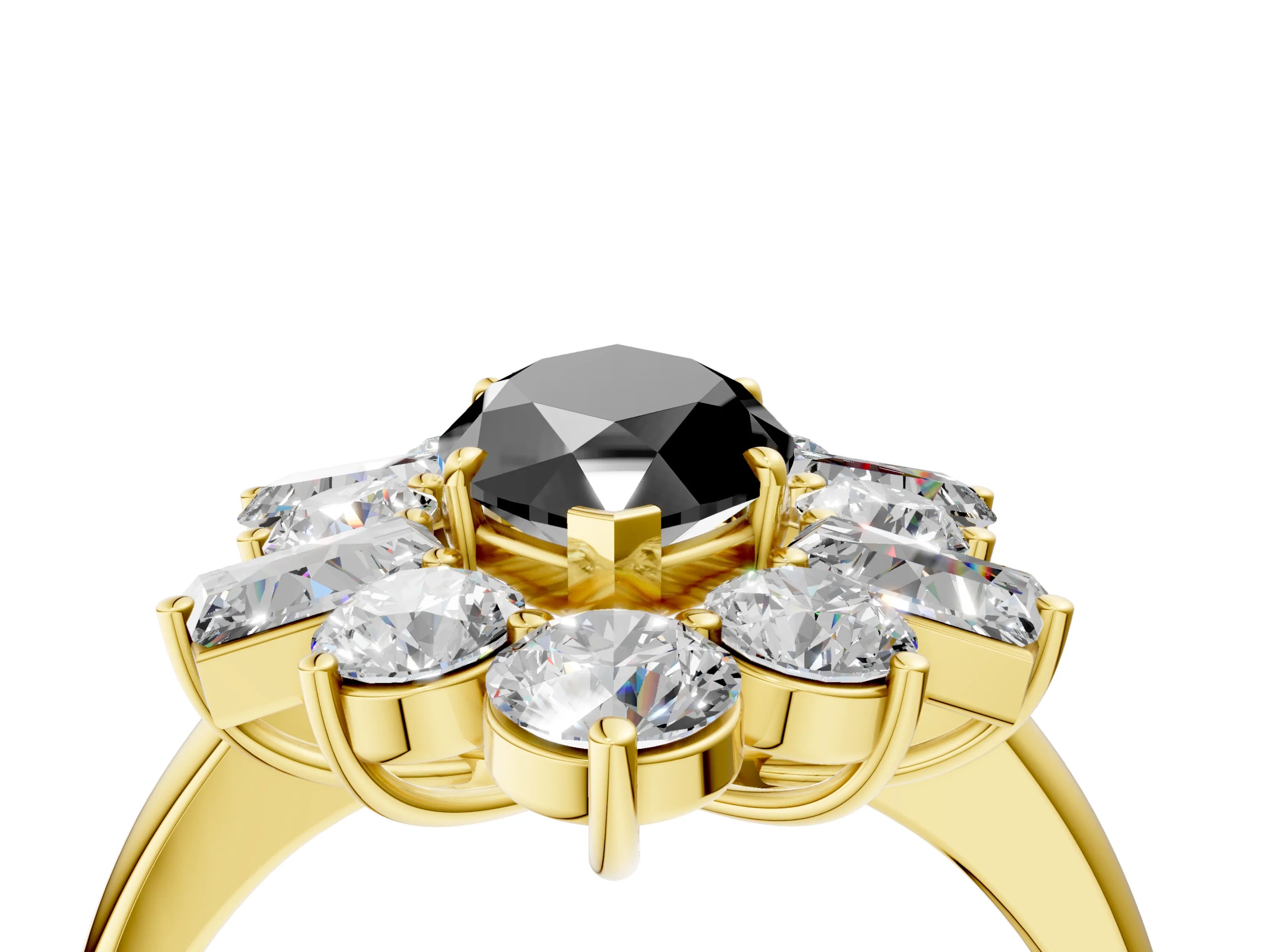 Yellow gold Fancy Black Marquise Cut Diamond Cluster Ring with Round and Baguette Stones, Split Shank Band, Prong Setting_4