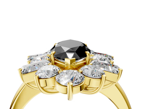Yellow gold Fancy Black Marquise Cut Diamond Cluster Ring with Round and Baguette Stones, Split Shank Band, Prong Setting_4