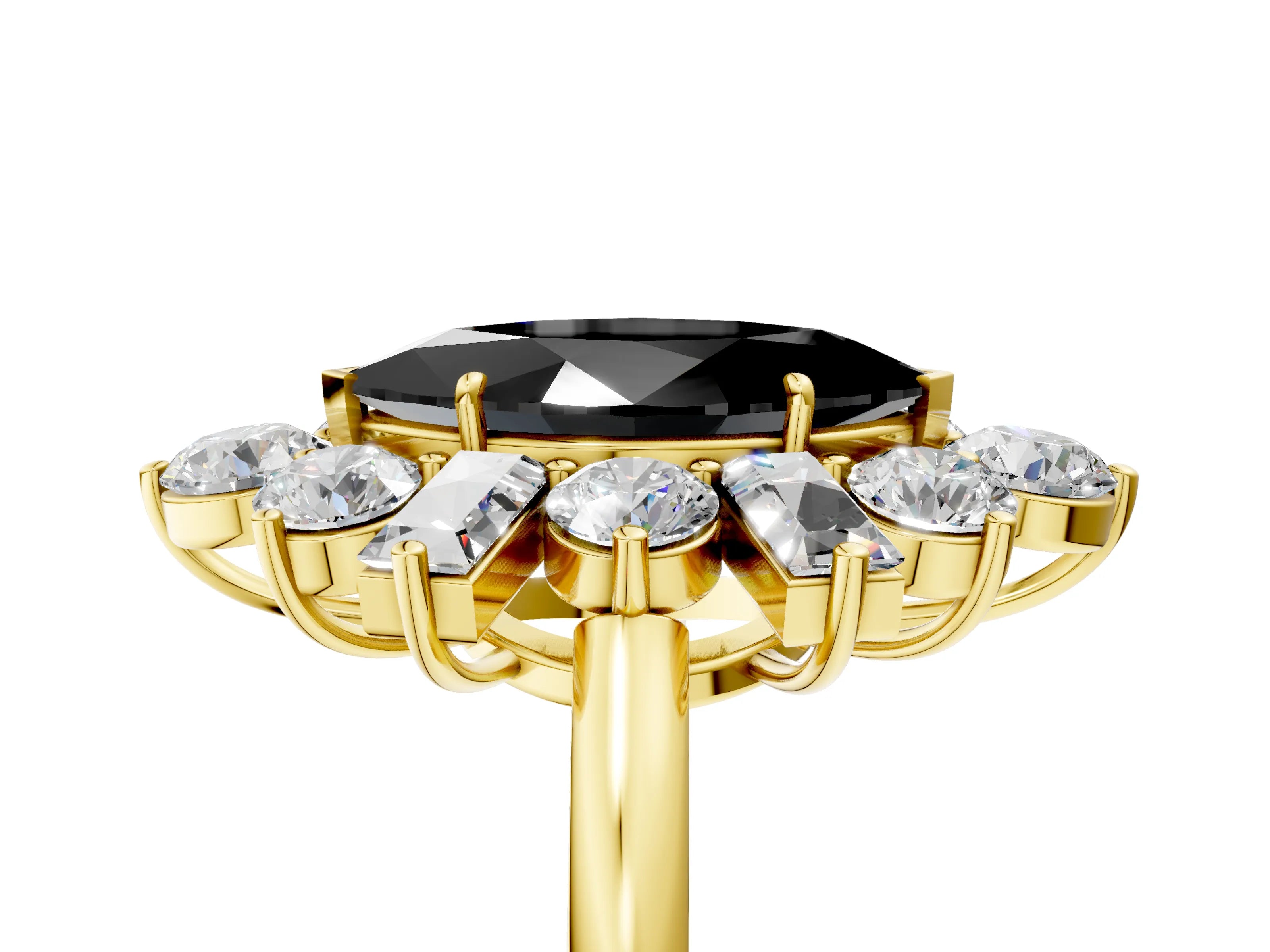 Yellow gold Fancy Black Marquise Cut Diamond Cluster Ring with Round and Baguette Stones, Split Shank Band, Prong Setting_5
