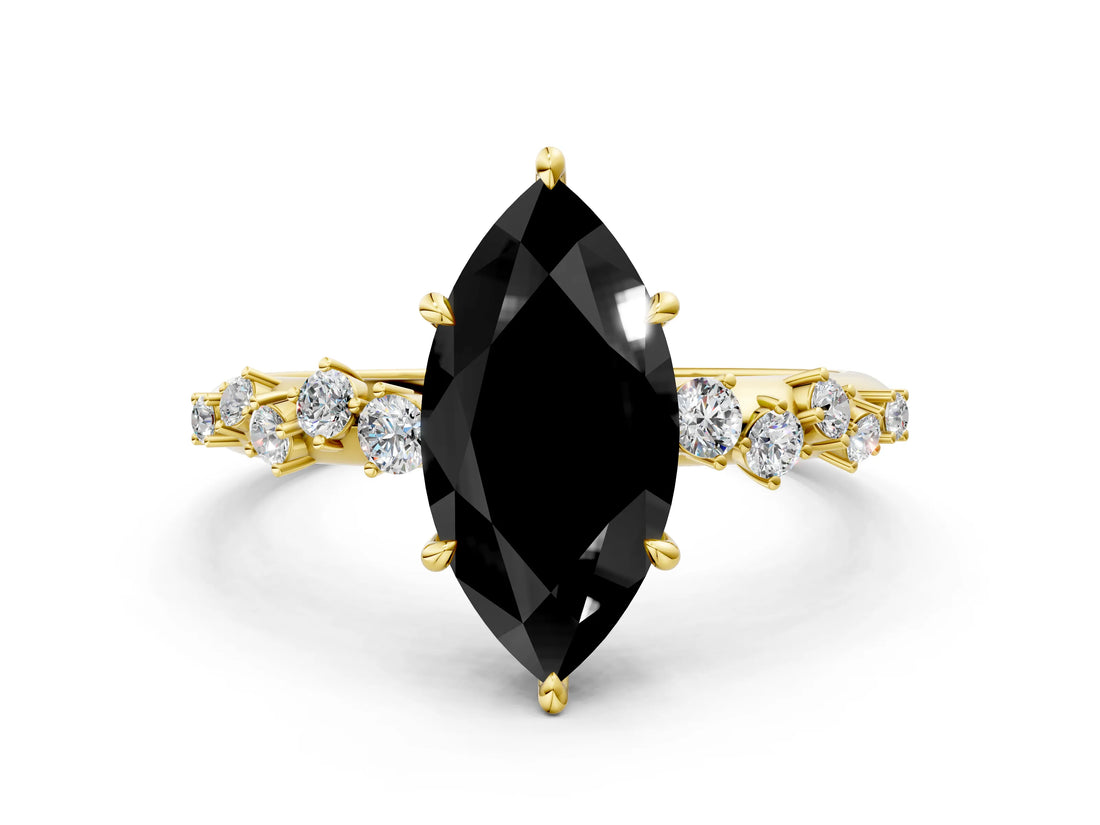 Yellow gold Fancy Black Marquise Cut Diamond Cluster Side Stone Solitaire Ring with Prong Setting_24