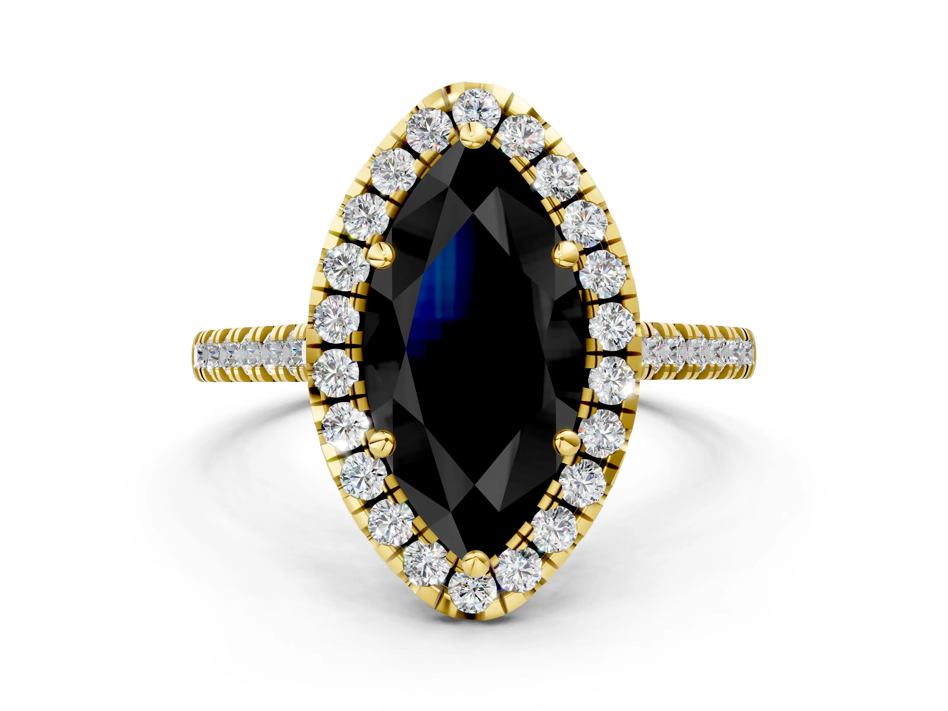 Yellow gold Fancy Black Marquise Cut Diamond Cushion Halo Ring with Pavé Band