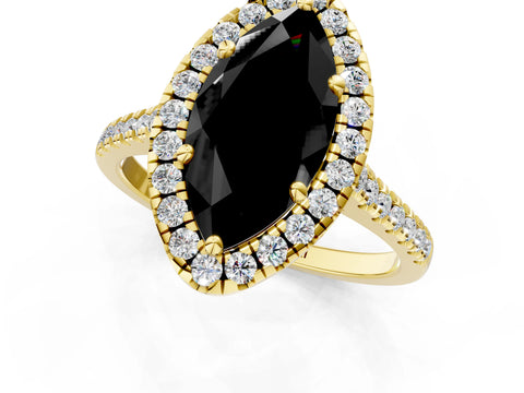 Yellow gold Fancy Black Marquise Cut Diamond Cushion Halo Ring with Pavé Band_1