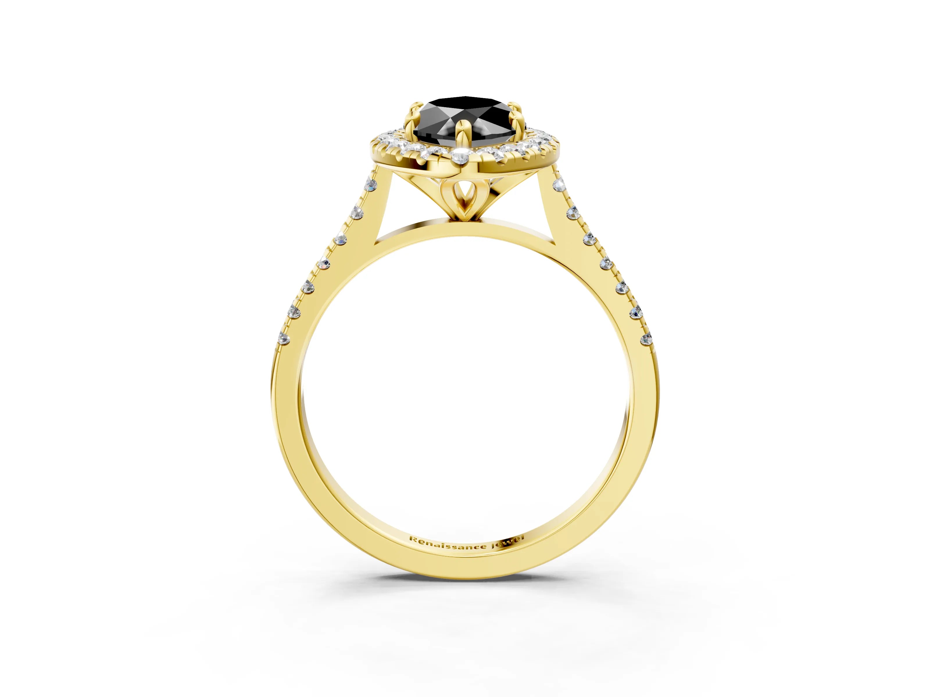 Yellow gold Fancy Black Marquise Cut Diamond Cushion Halo Ring with Pavé Band_3