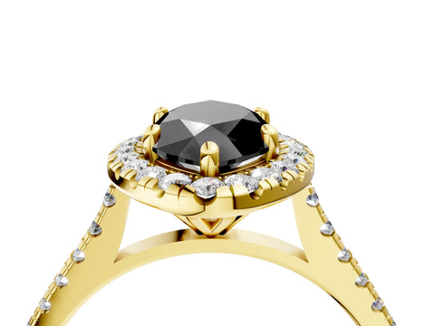 Yellow gold Fancy Black Marquise Cut Diamond Cushion Halo Ring with Pavé Band_4