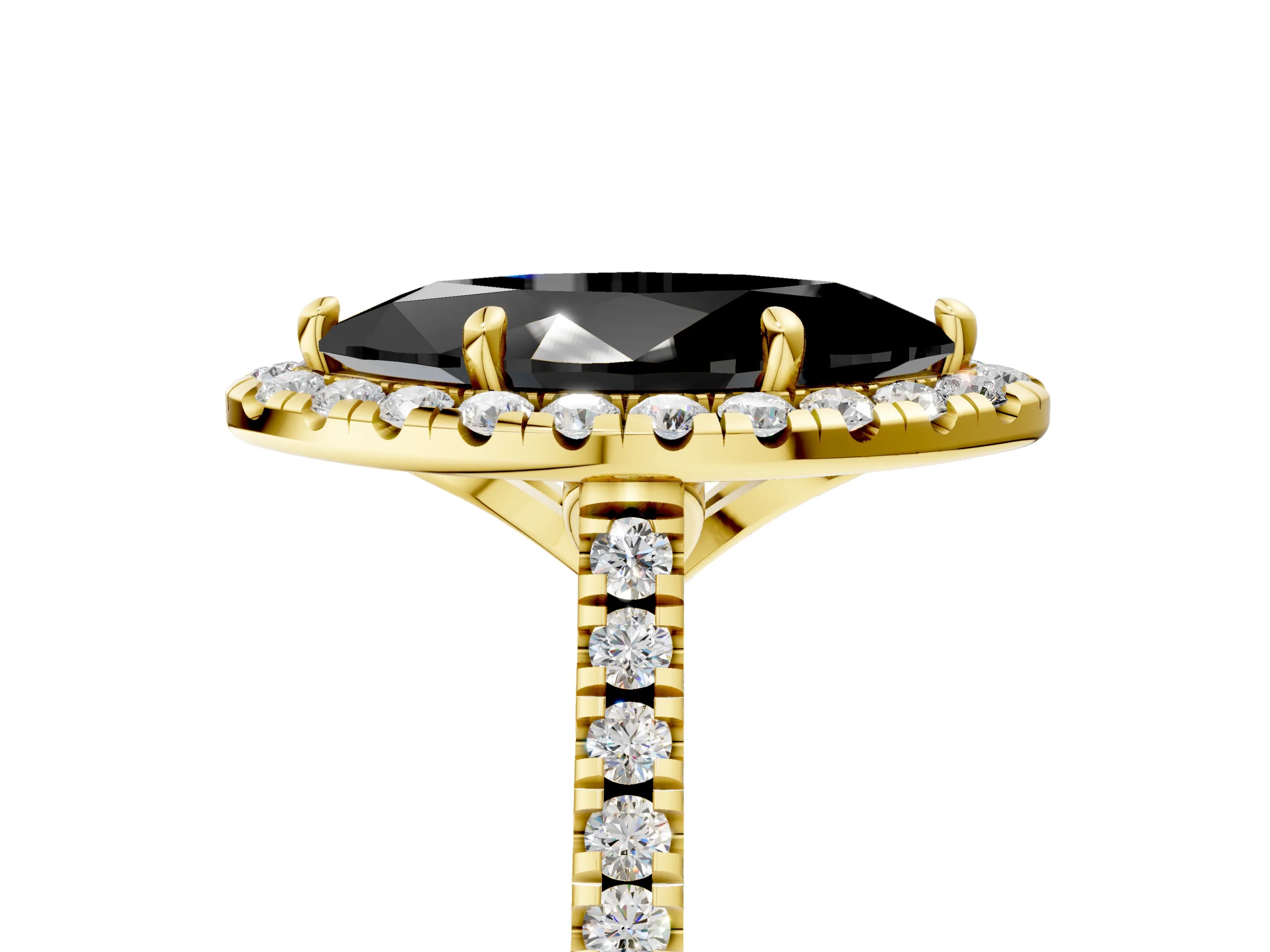 Yellow gold Fancy Black Marquise Cut Diamond Cushion Halo Ring with Pavé Band_5