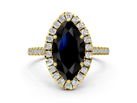 Yellow gold Fancy Black Marquise Cut Diamond Cushion Halo Ring with Pavé Band