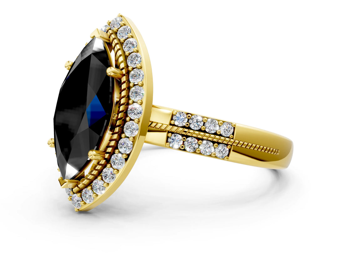 Yellow gold Fancy Black Marquise Cut Diamond Double Halo Ring with Split Shank and Four-Prong Setting_12