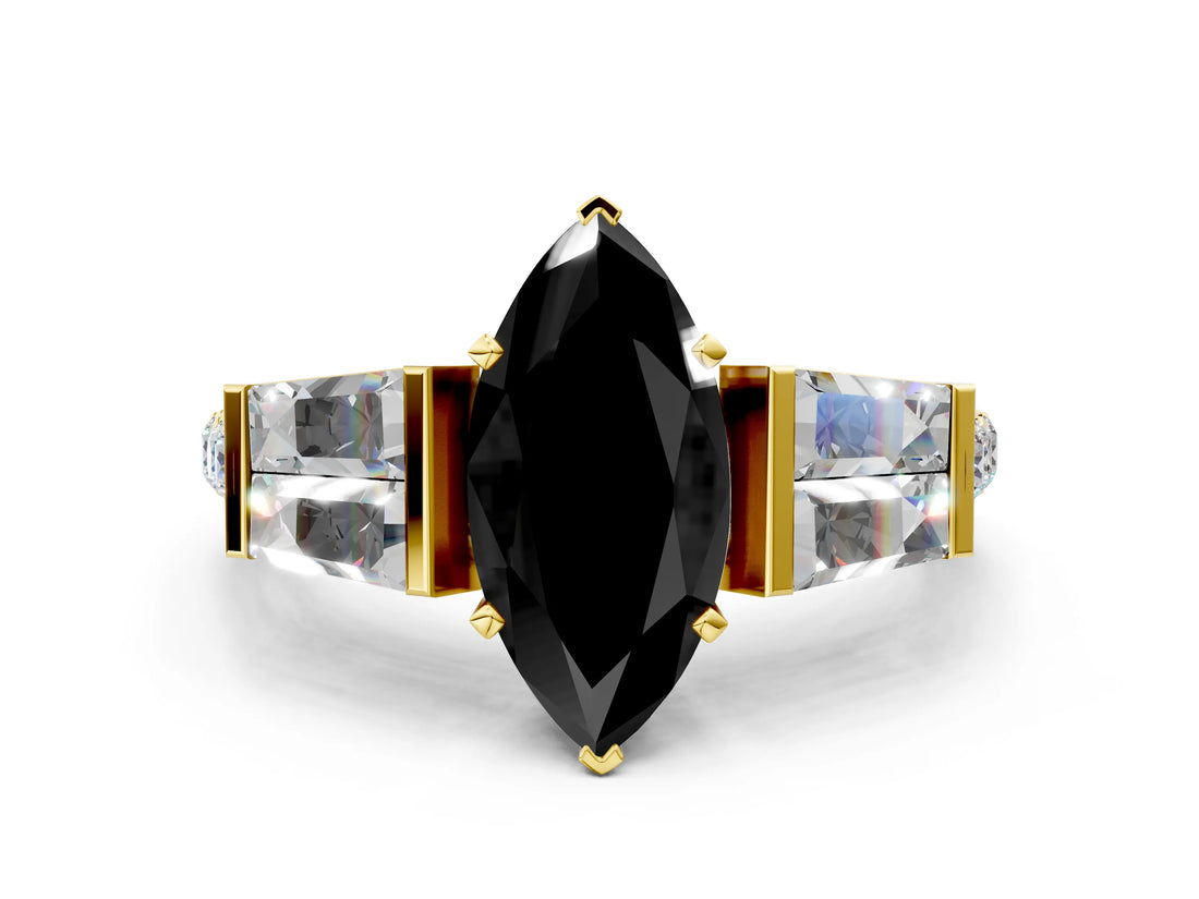 Yellow gold Fancy Black Marquise Cut Diamond Engagement Ring with Baguette Side Stones and Channel Set Band_12
