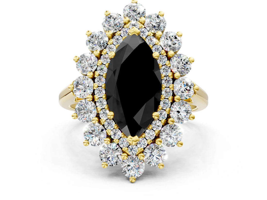 Yellow gold Fancy Black Marquise Cut Diamond Floral Double Halo Engagement Ring with Prong Setting_24