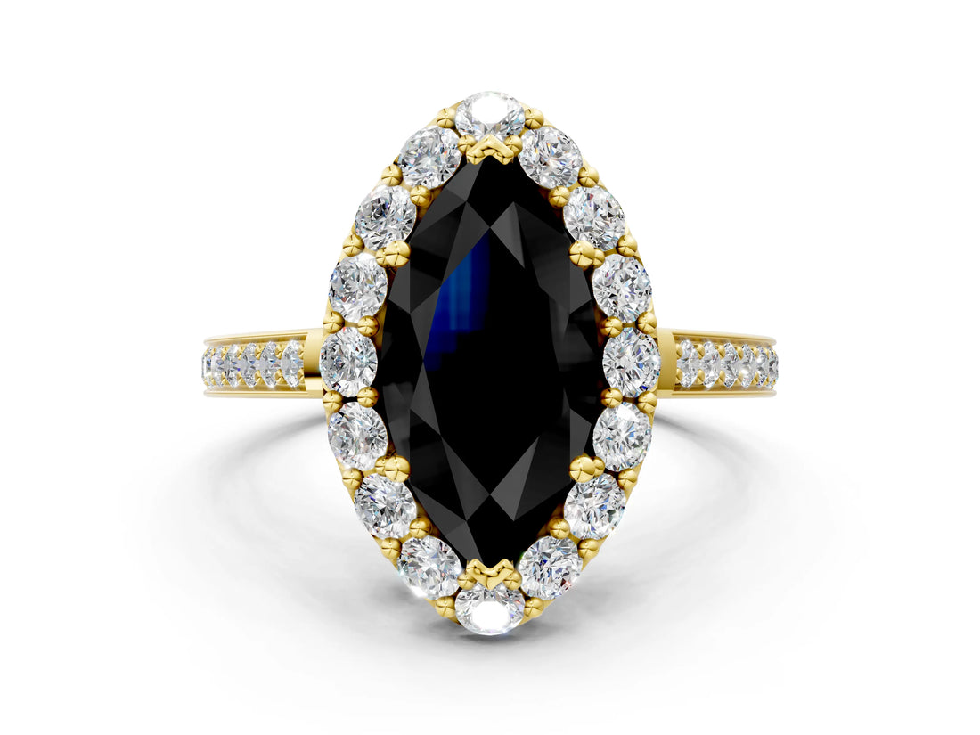 Yellow gold Fancy Black Marquise Cut Diamond Floral Halo Ring with Pavé Band and Prong Setting_3