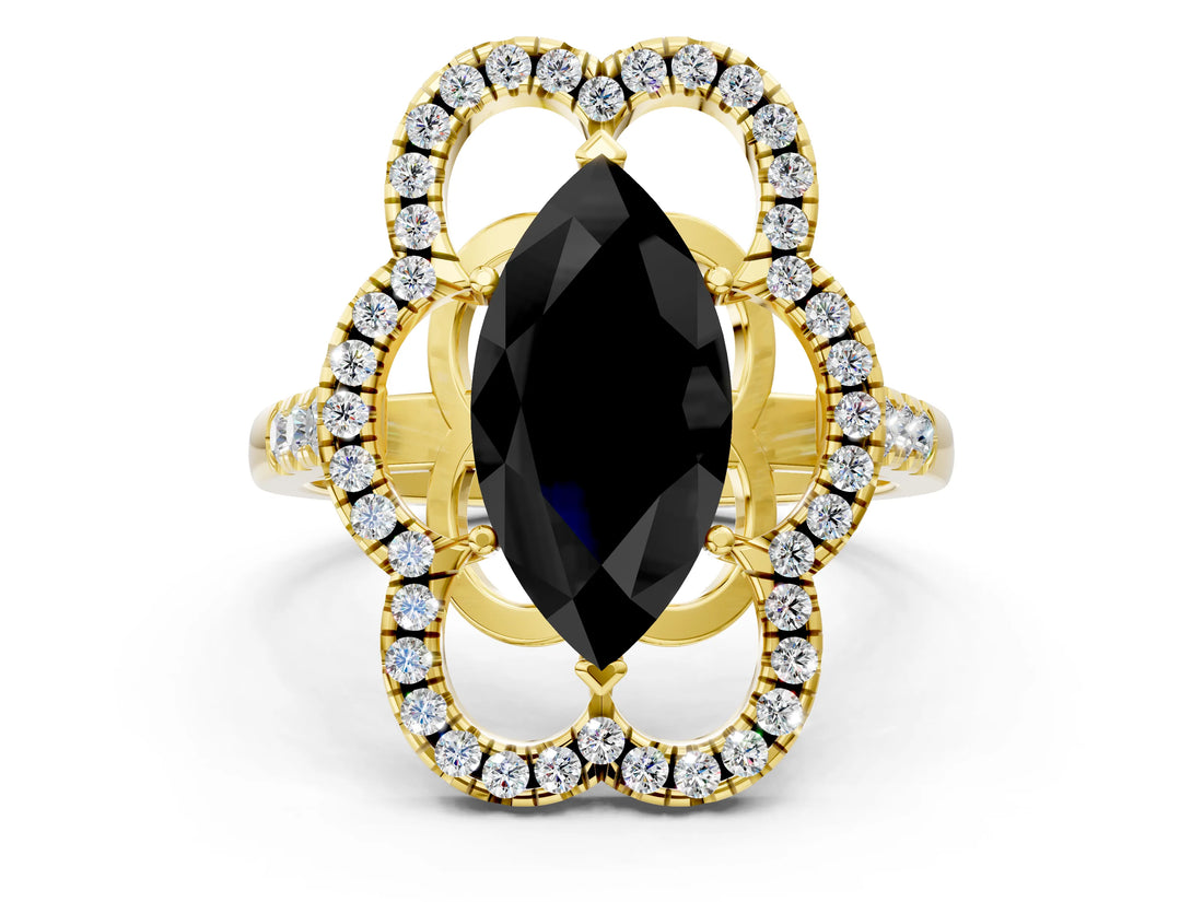 Yellow gold Fancy Black Marquise Cut Diamond Floral Halo Split Shank Prong Setting Ring