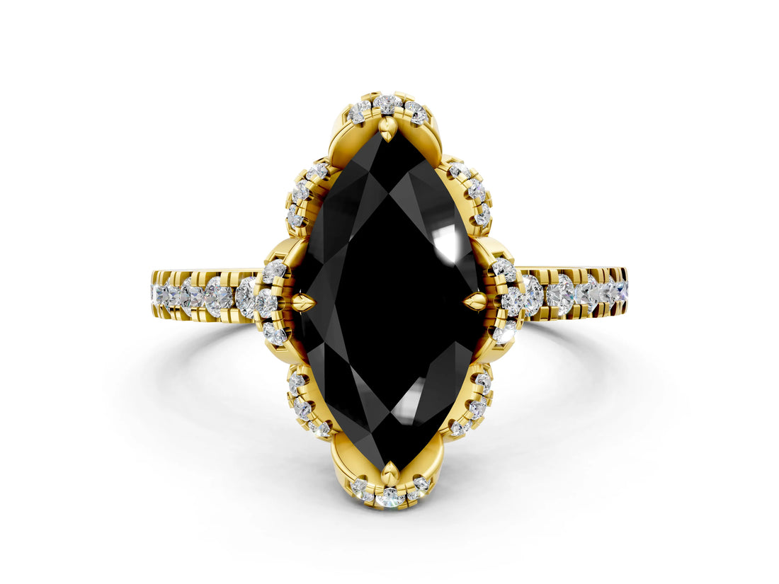 Yellow gold Fancy Black Marquise Cut Diamond Halo Pave Band with Four-Prong Setting_3
