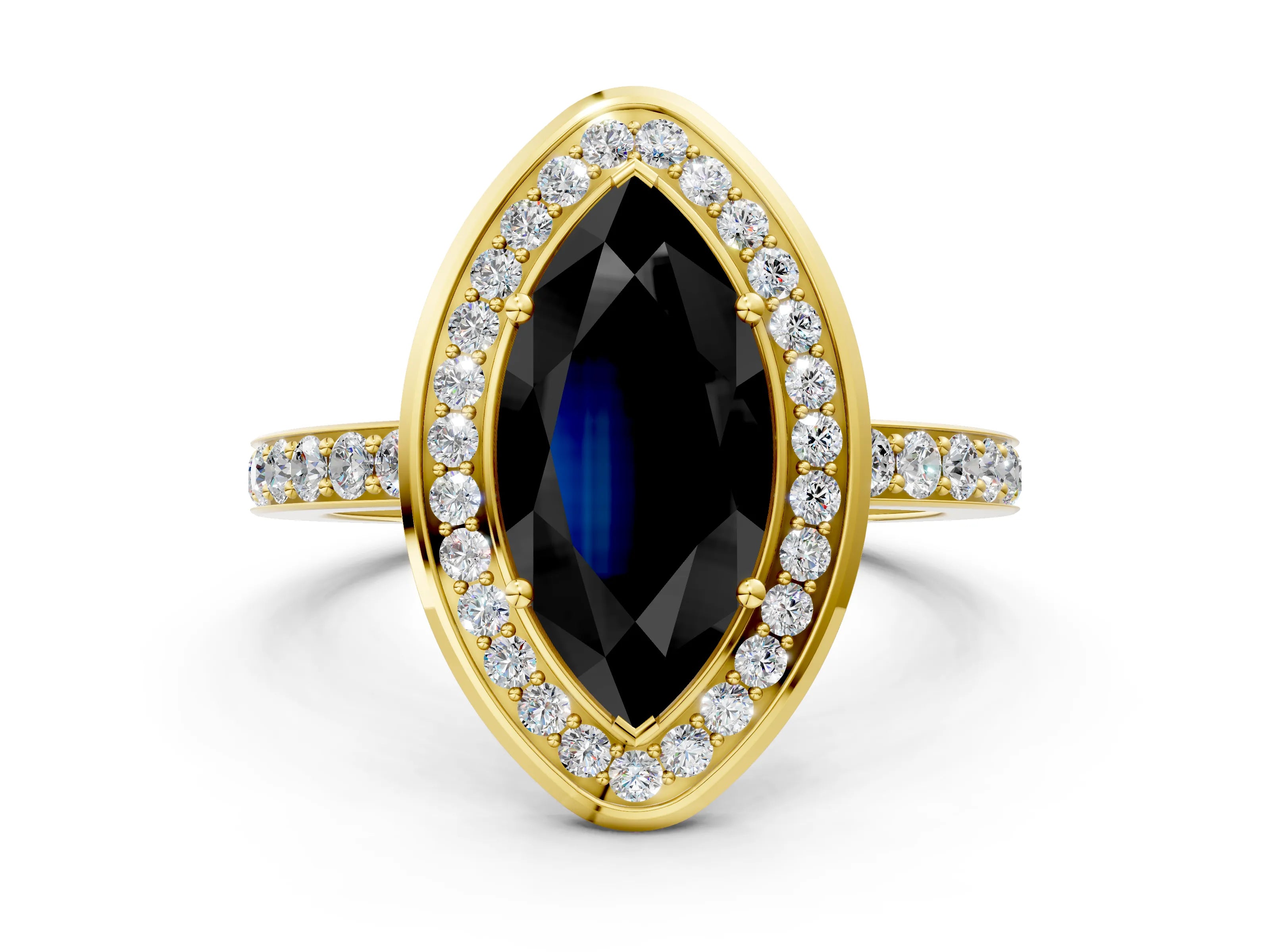 Yellow gold Fancy Black Marquise Cut Diamond Halo Ring with Bezel Frame and Pavé Band