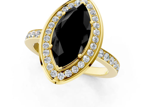 Yellow gold Fancy Black Marquise Cut Diamond Halo Ring with Bezel Frame and Pavé Band_1