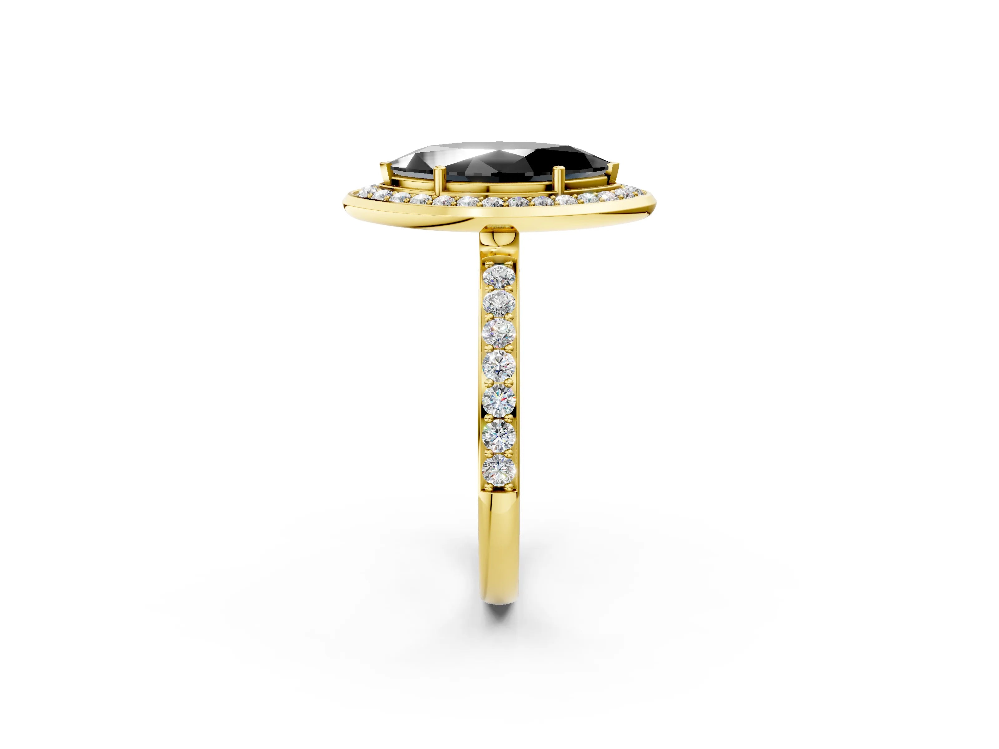 Yellow gold Fancy Black Marquise Cut Diamond Halo Ring with Bezel Frame and Pavé Band_2