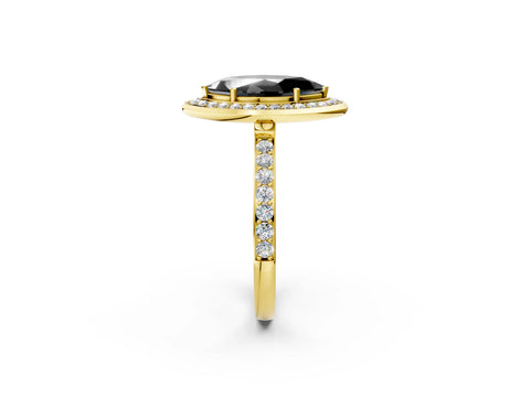 Yellow gold Fancy Black Marquise Cut Diamond Halo Ring with Bezel Frame and Pavé Band_2