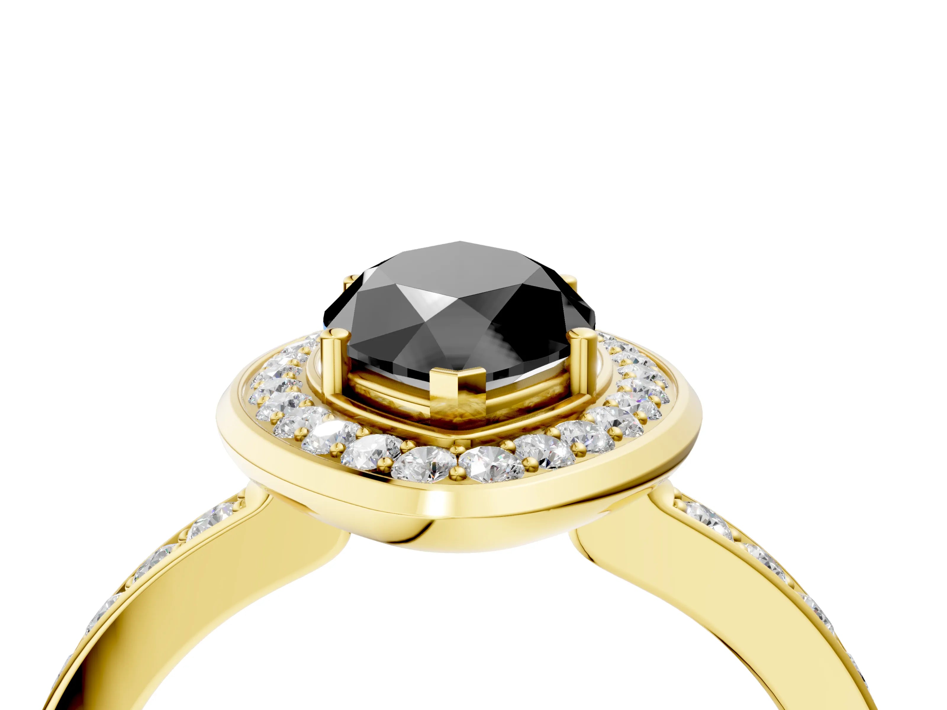 Yellow gold Fancy Black Marquise Cut Diamond Halo Ring with Bezel Frame and Pavé Band_4