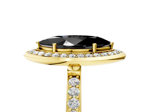 Yellow gold Fancy Black Marquise Cut Diamond Halo Ring with Bezel Frame and Pavé Band_5