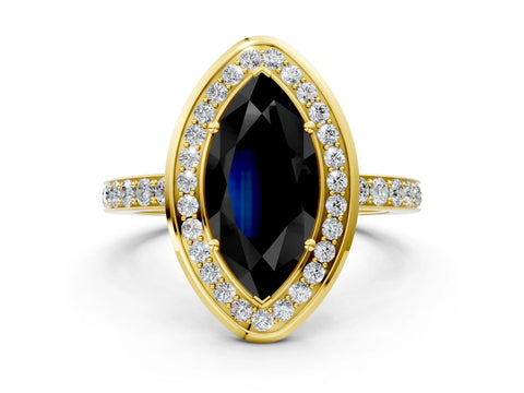 Yellow gold Fancy Black Marquise Cut Diamond Halo Ring with Bezel Frame and Pavé Band