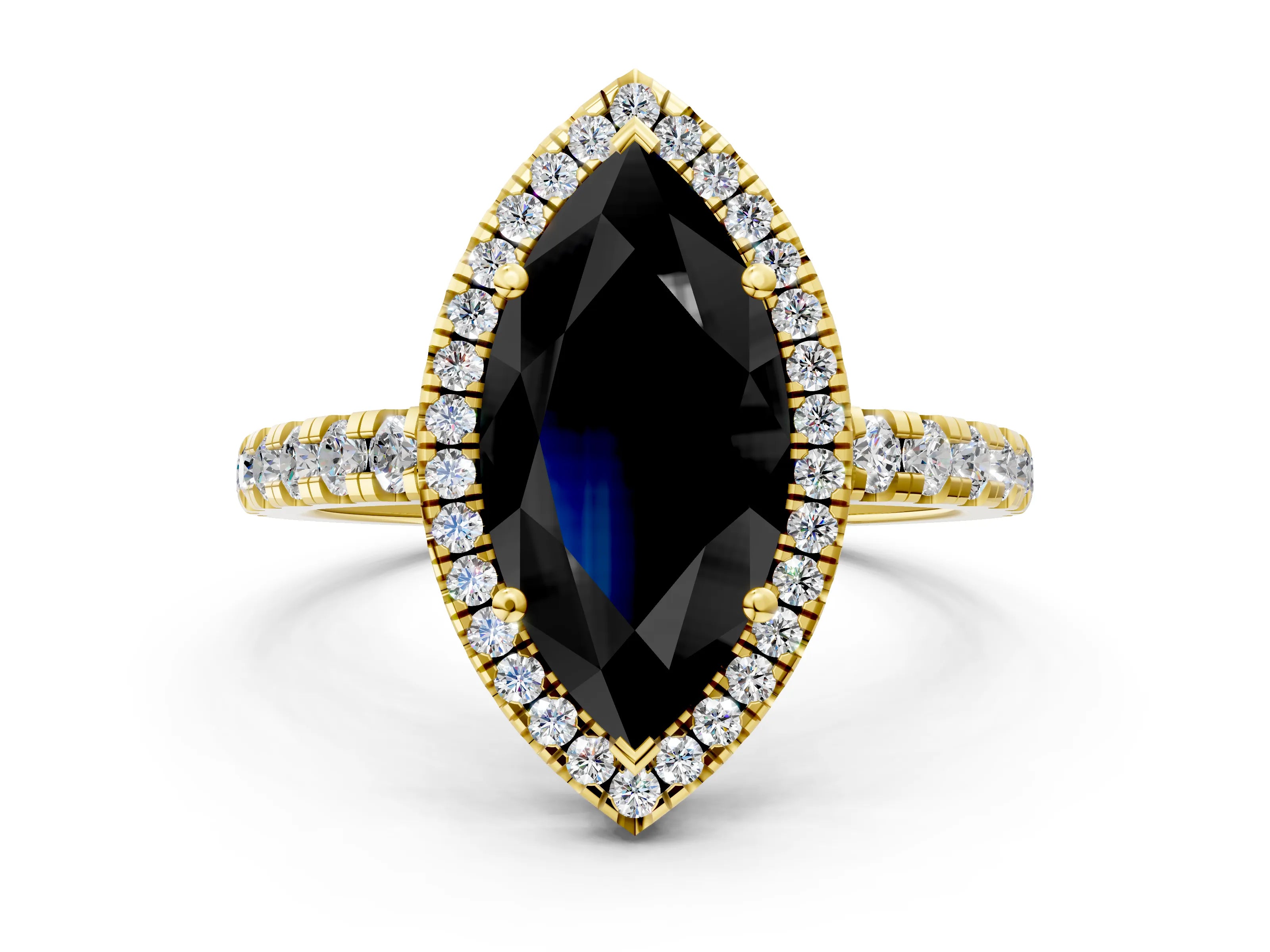 Yellow gold Fancy Black Marquise Cut Diamond Halo Ring with Pavé Band and Four-Prong Setting