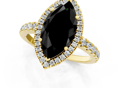 Yellow gold Fancy Black Marquise Cut Diamond Halo Ring with Pavé Band and Four-Prong Setting_1