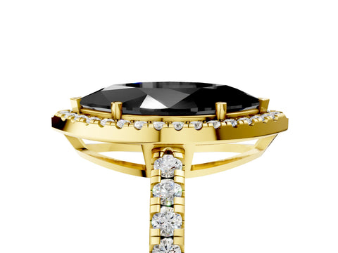 Yellow gold Fancy Black Marquise Cut Diamond Halo Ring with Pavé Band and Four-Prong Setting_5