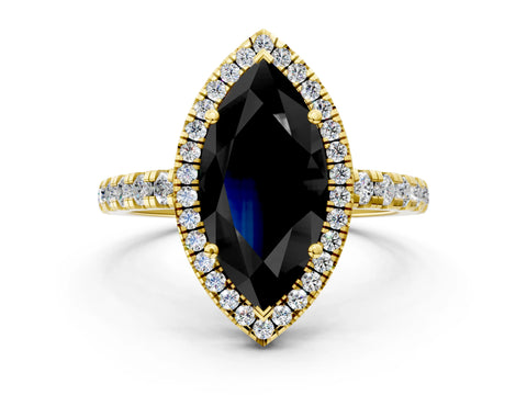 Yellow gold Fancy Black Marquise Cut Diamond Halo Ring with Pavé Band and Four-Prong Setting