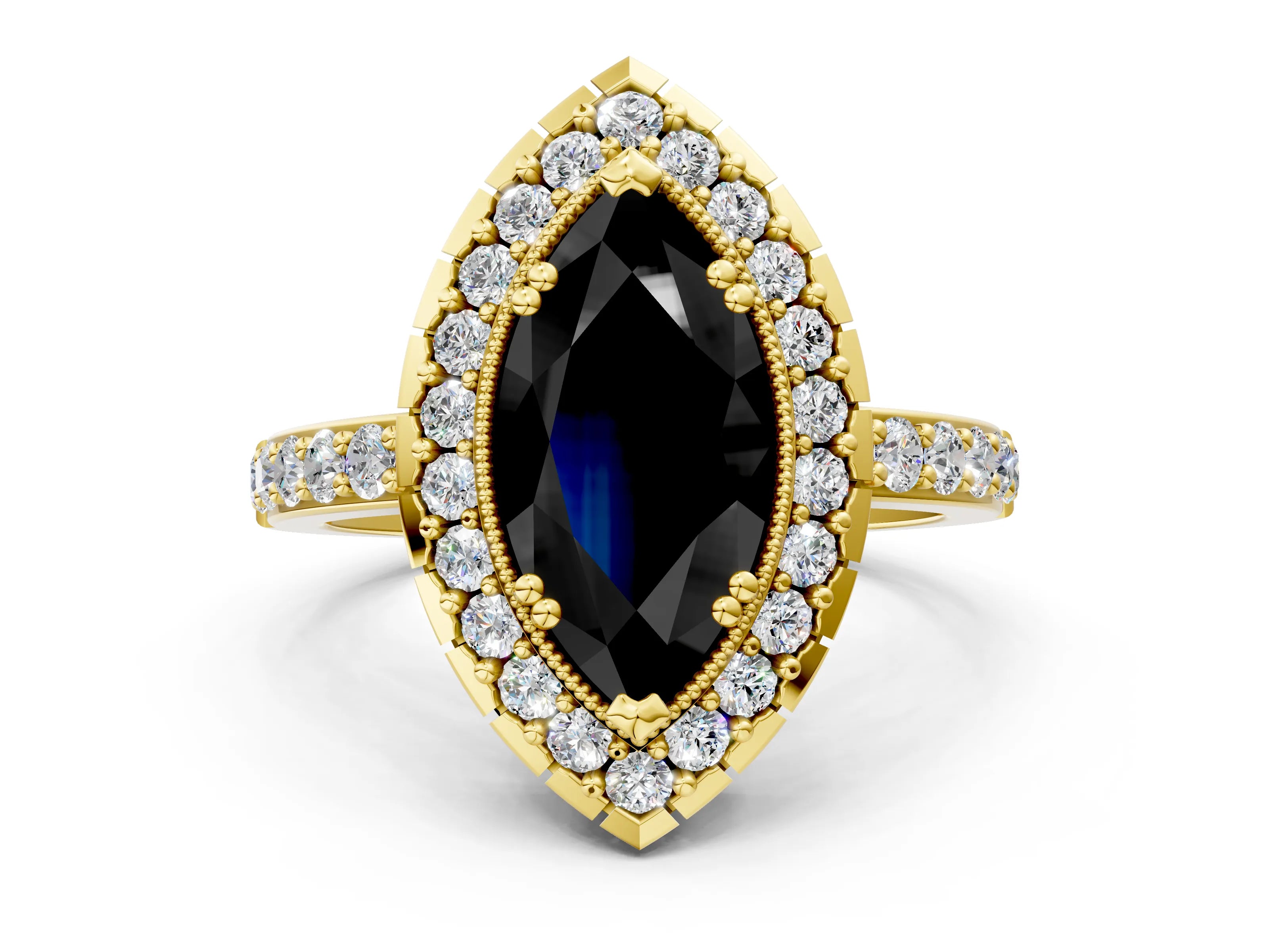 Yellow gold Fancy Black Marquise Cut Diamond Halo Ring with Pavé Band and Prong Setting