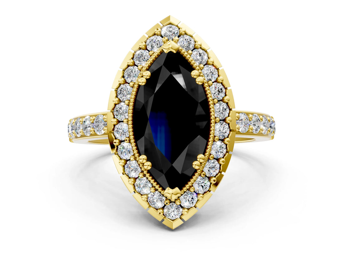 Yellow gold Fancy Black Marquise Cut Diamond Halo Ring with Pavé Band and Prong Setting