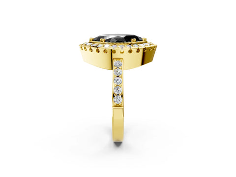 Yellow gold Fancy Black Marquise Cut Diamond Halo Ring with Pavé Band and Prong Setting_2