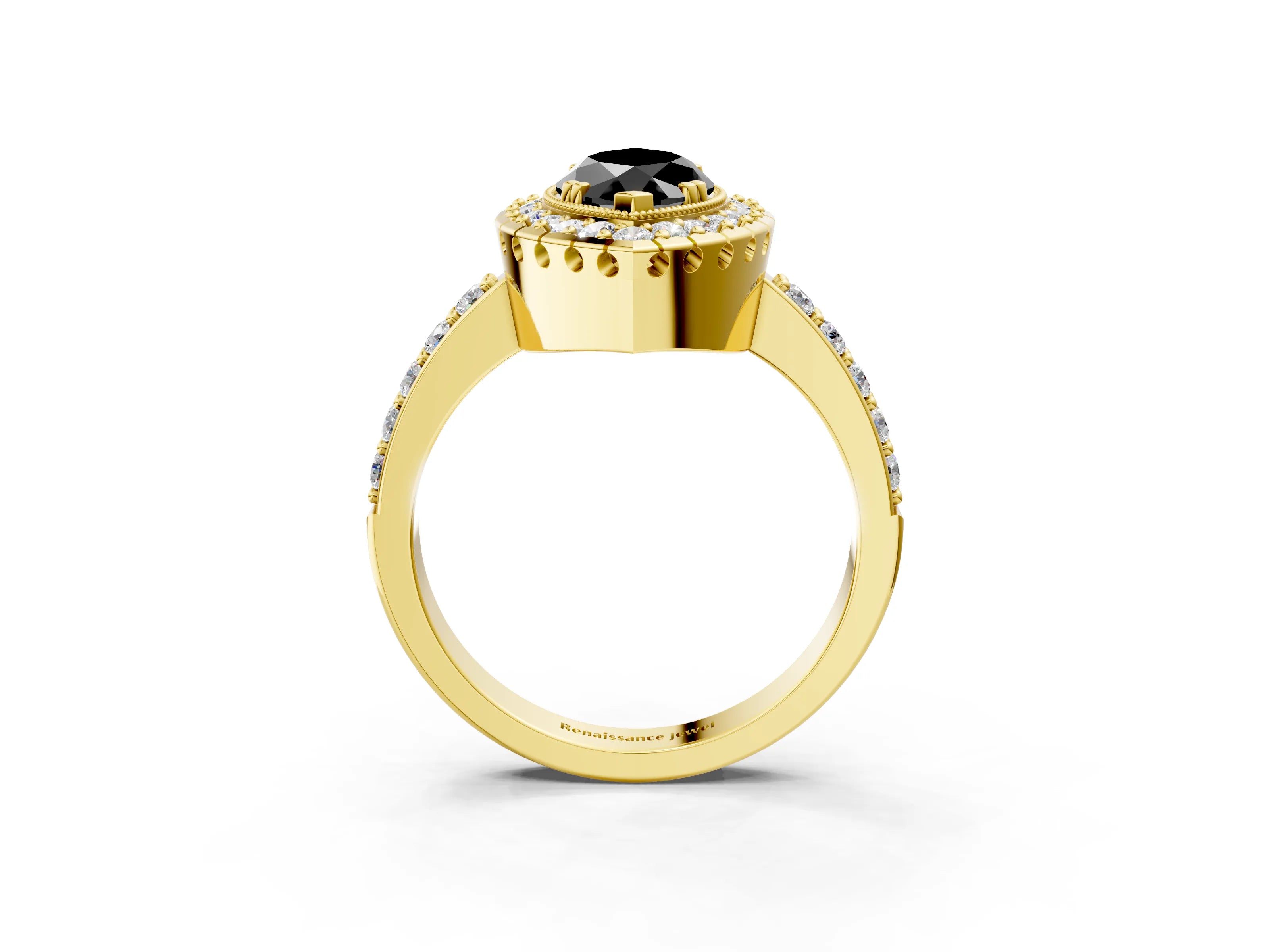 Yellow gold Fancy Black Marquise Cut Diamond Halo Ring with Pavé Band and Prong Setting_3