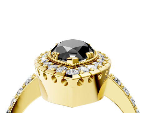 Yellow gold Fancy Black Marquise Cut Diamond Halo Ring with Pavé Band and Prong Setting_4