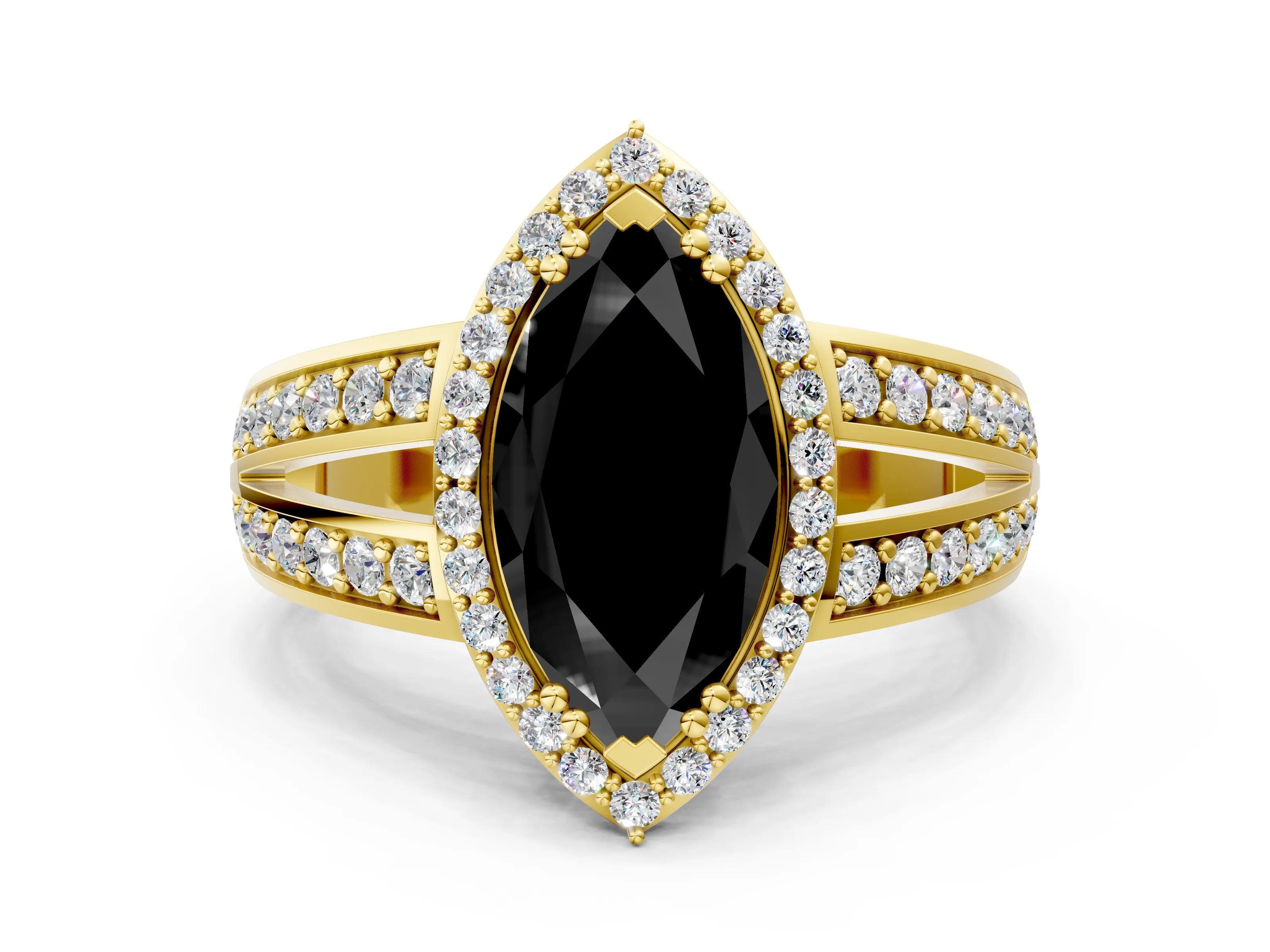 Yellow gold Fancy Black Marquise Cut Diamond Halo Ring with Split Shank Pavé Band and Four-Prong Setting