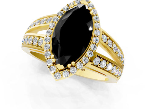 Yellow gold Fancy Black Marquise Cut Diamond Halo Ring with Split Shank Pavé Band and Four-Prong Setting_1
