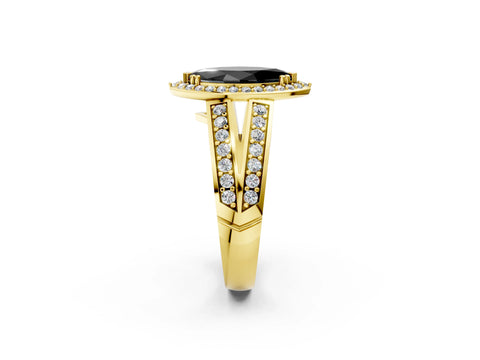 Yellow gold Fancy Black Marquise Cut Diamond Halo Ring with Split Shank Pavé Band and Four-Prong Setting_2