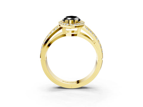 Yellow gold Fancy Black Marquise Cut Diamond Halo Ring with Split Shank Pavé Band and Four-Prong Setting_3