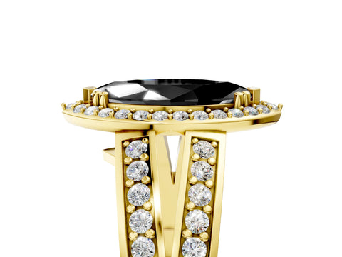Yellow gold Fancy Black Marquise Cut Diamond Halo Ring with Split Shank Pavé Band and Four-Prong Setting_5