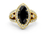 Yellow gold Fancy Black Marquise Cut Diamond Halo Ring with Split Shank and Bezel Accents and Four-Prong Setting