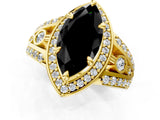 Yellow gold Fancy Black Marquise Cut Diamond Halo Ring with Split Shank and Bezel Accents and Four-Prong Setting_1