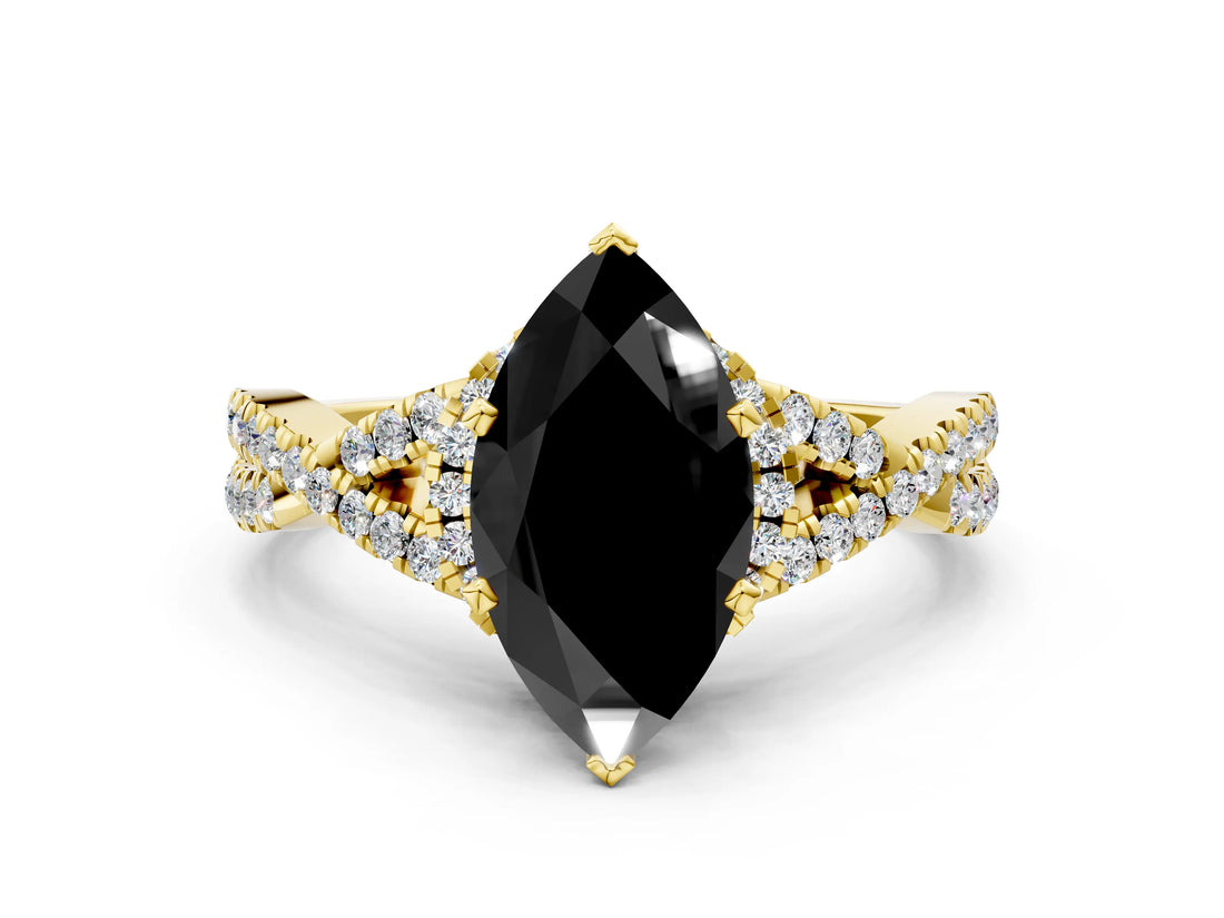 Yellow gold Fancy Black Marquise Cut Diamond Halo Twist Band Solitaire Prong Setting Ring