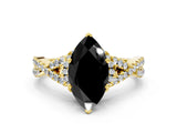 Yellow gold Fancy Black Marquise Cut Diamond Halo Twist Band Solitaire Prong Setting Ring