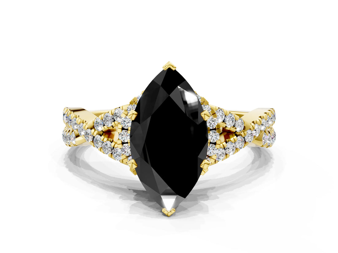 Yellow gold Fancy Black Marquise Cut Diamond  Halo Twist Band Solitaire Prong Setting Ring_48