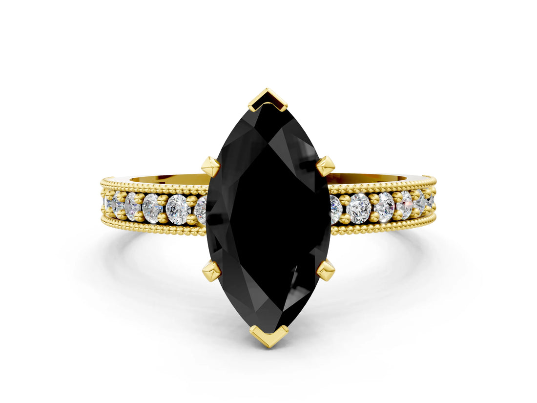 Yellow gold Fancy Black Marquise Cut Diamond Milgrain Pavé Engagement Ring with Four-Prong Setting
