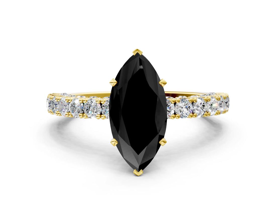 Yellow gold Fancy Black Marquise Cut Diamond Pavé Band Solitaire Ring with Prong Setting_12