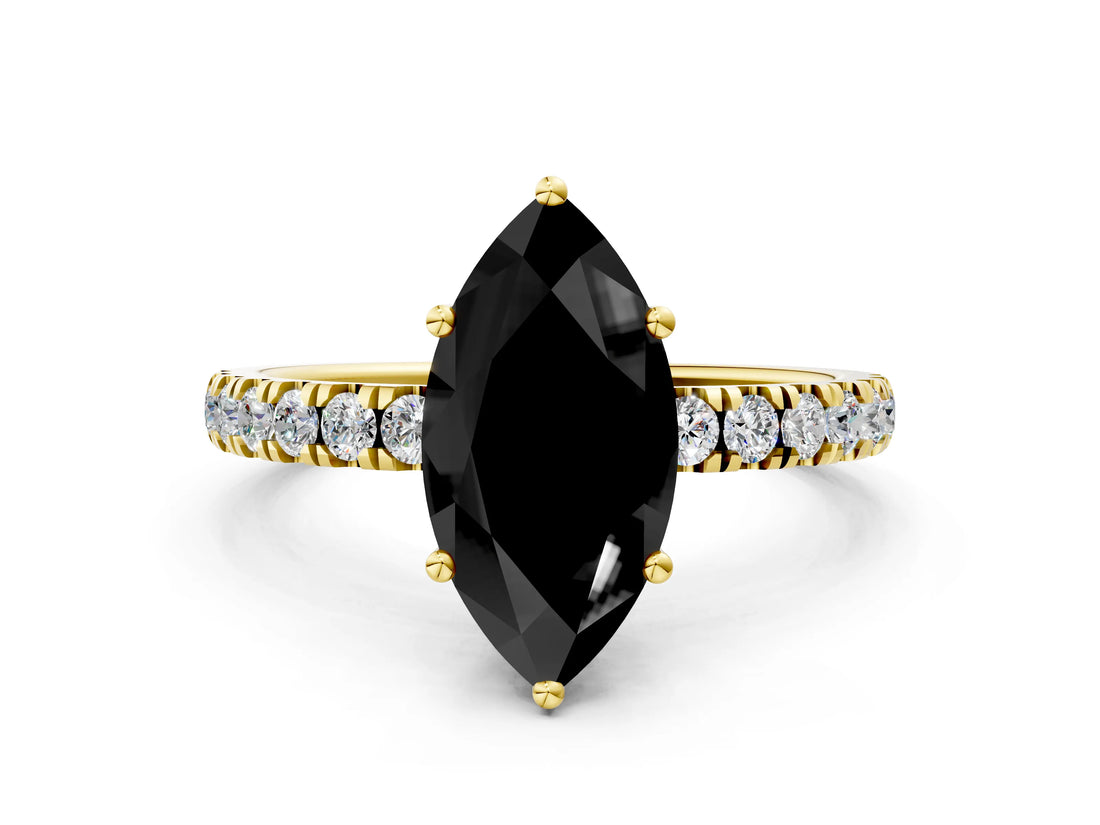 Yellow gold Fancy Black Marquise Cut Diamond Pave Band Solitaire Ring with Four-Prong Setting_12