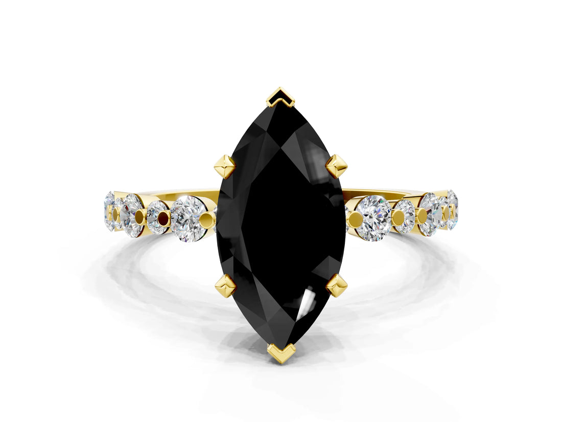Yellow gold Fancy Black Marquise Cut Diamond Prong Set Engagement Ring with Pave Band