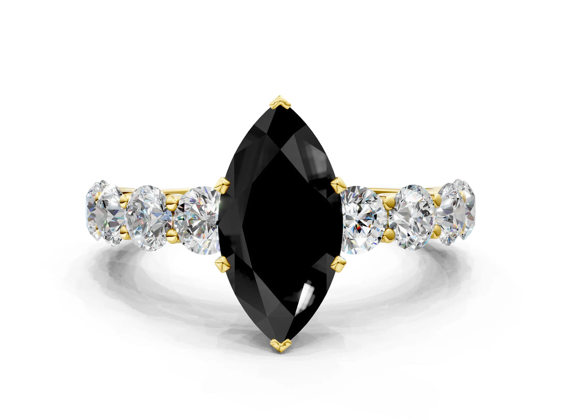Yellow gold Fancy Black Marquise Cut Diamond Prong Setting with Side Stones on a Pave Band