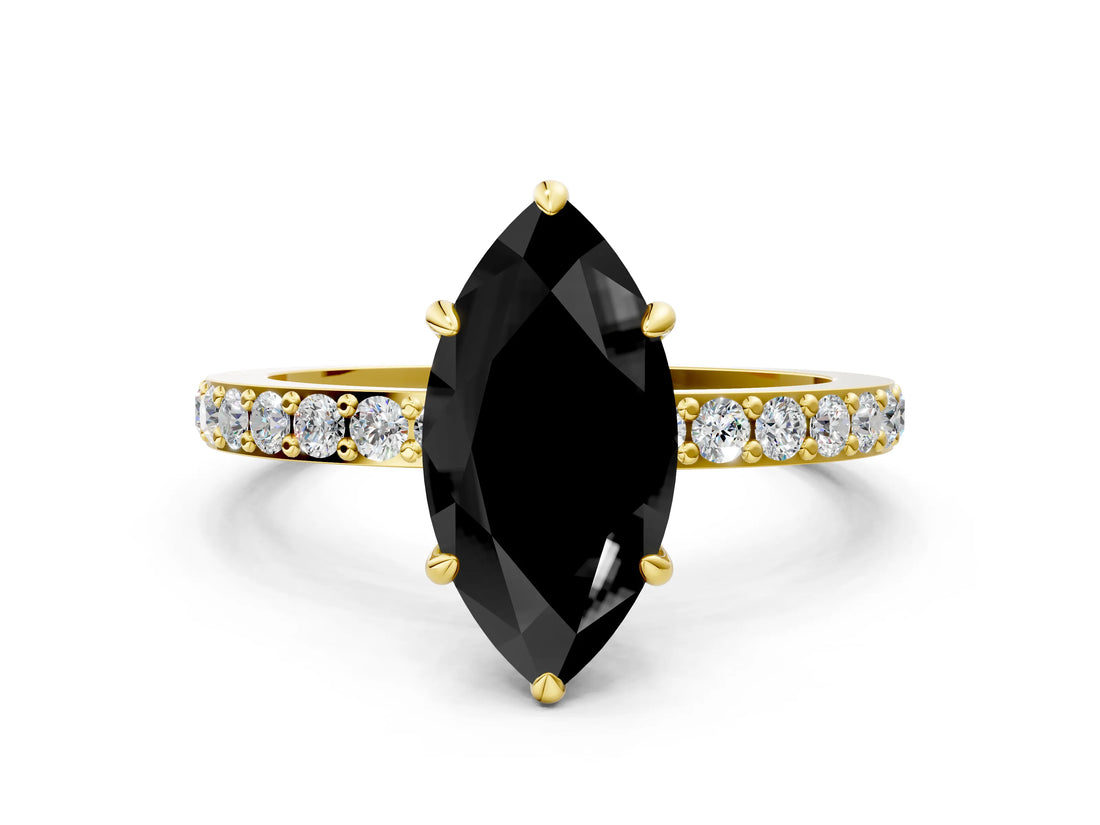 Yellow gold Fancy Black Marquise Cut Diamond Ring with Pavé Band and Four-Prong Setting