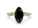 Yellow gold Fancy Black Marquise Cut Diamond Ring with Pavé Band and Four-Prong Setting