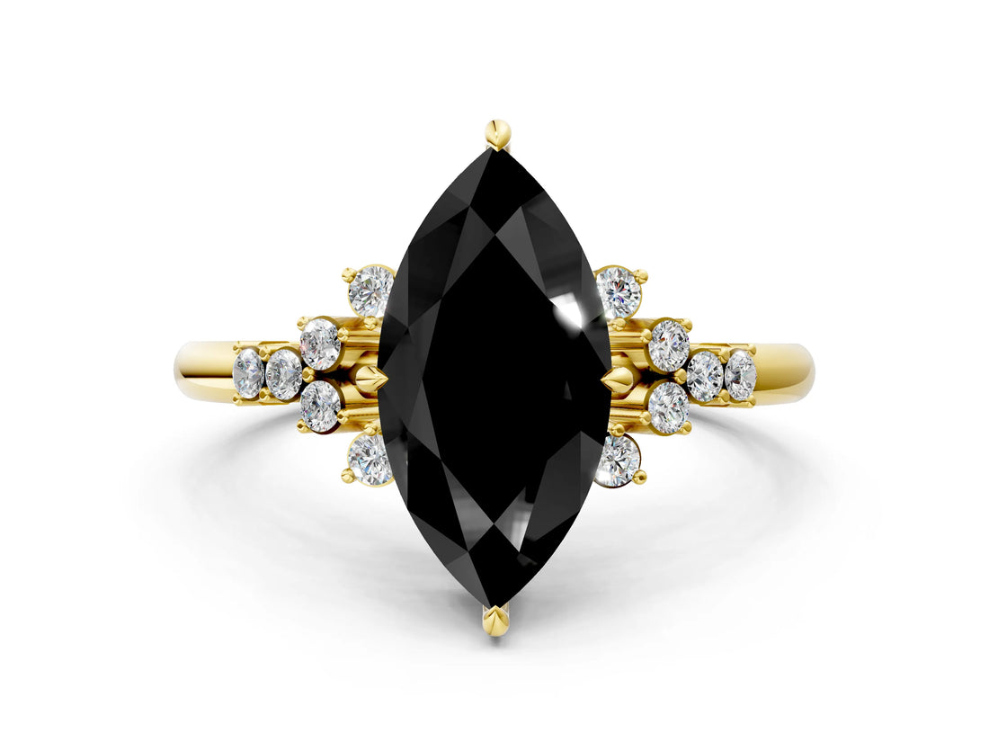 Yellow gold Fancy Black Marquise Cut Diamond Ring with Side Stones and Four-Prong Setting_36